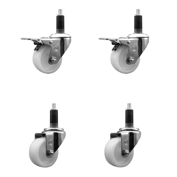 3'' Nylon Swivel 1-1/8'' Expanding Stem Caster Set 2 Total Lock Brakes, 4PK